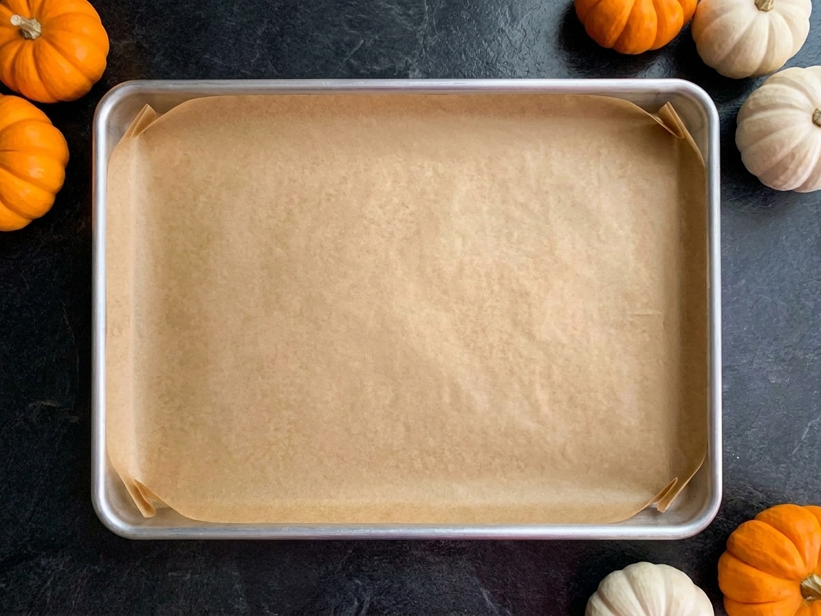 A 10x15 inch jelly roll pan lined with parchment paper with the corners neatly creased for an even fit