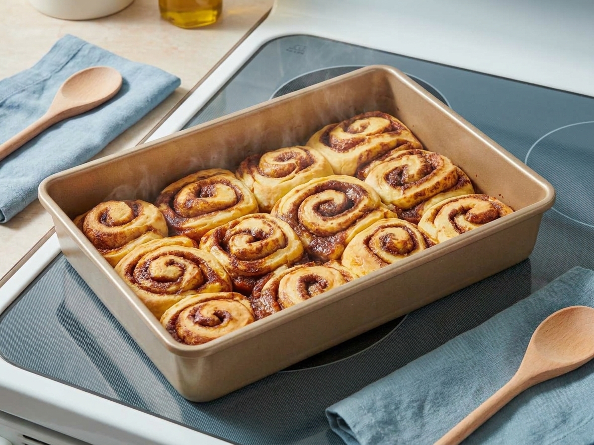A 9x13-inch baking dish filled with golden cinnamon rolls fresh from the oven on a stove top