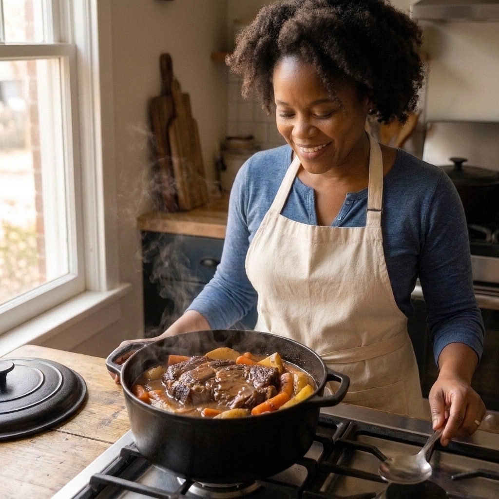 A Dutch oven filled with finished pot roast, tender carrots, and potatoes in rich brown gravy on a stovetop