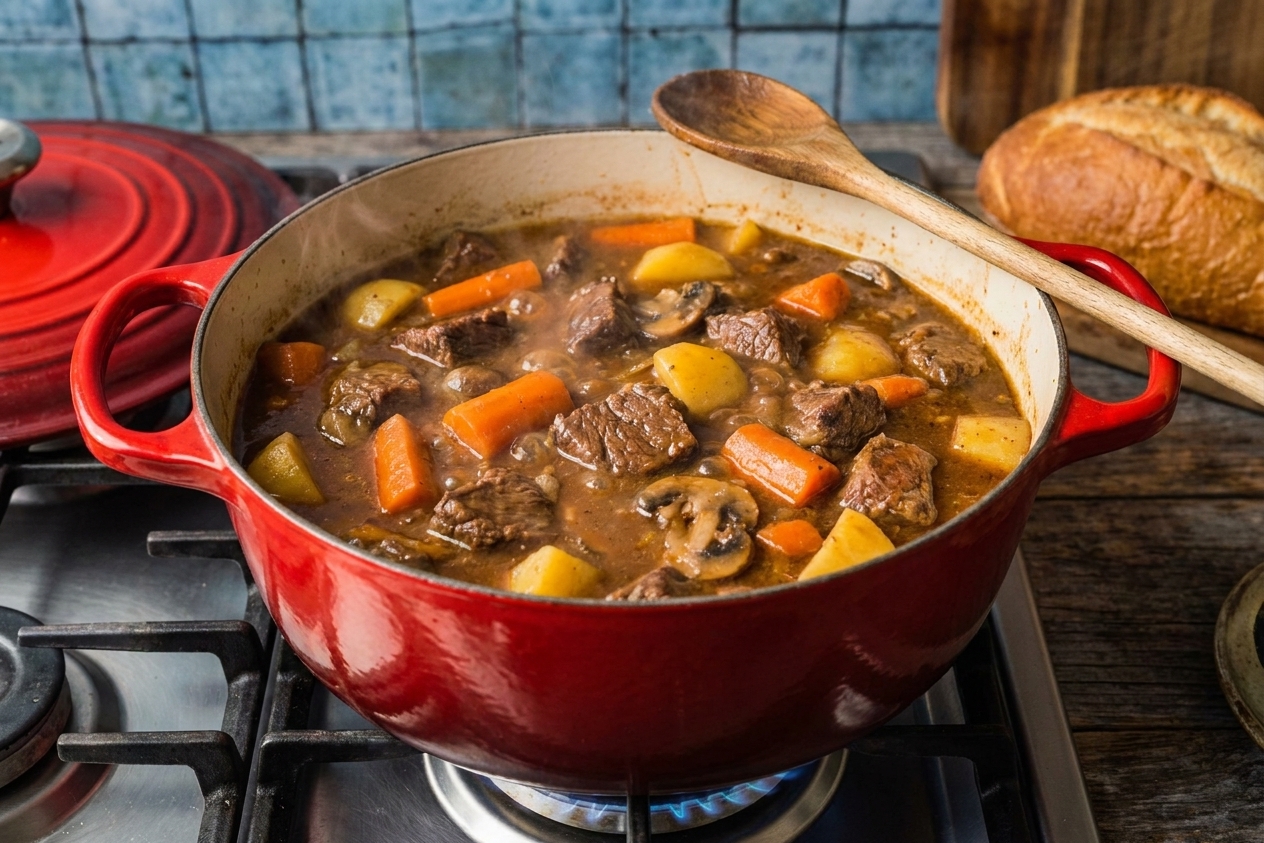 A Dutch oven of beef stew gently simmering on the stovetop with carrots and potatoes visible in the broth