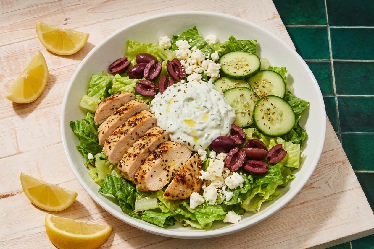 A Greek-style salad with sliced chicken, cucumbers, olives, feta crumbles, and a scoop of tzatziki