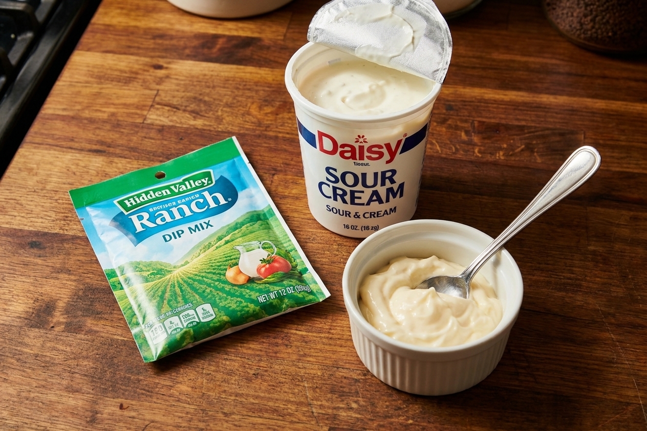 A Hidden Valley ranch dip mix packet on a kitchen counter next to a tub of sour cream and a small bowl of mayonnaise