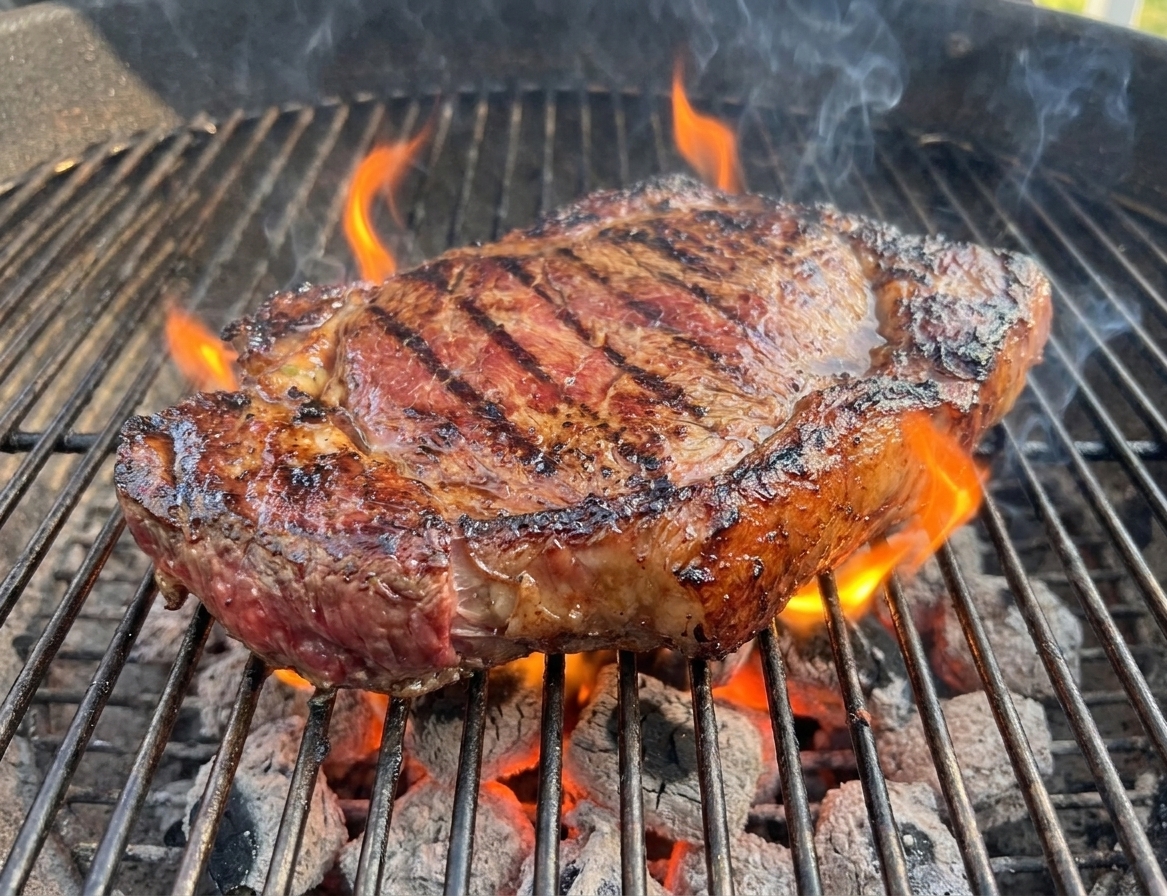 A London broil steak searing on a hot grill with clear grill marks and light flames at the edges