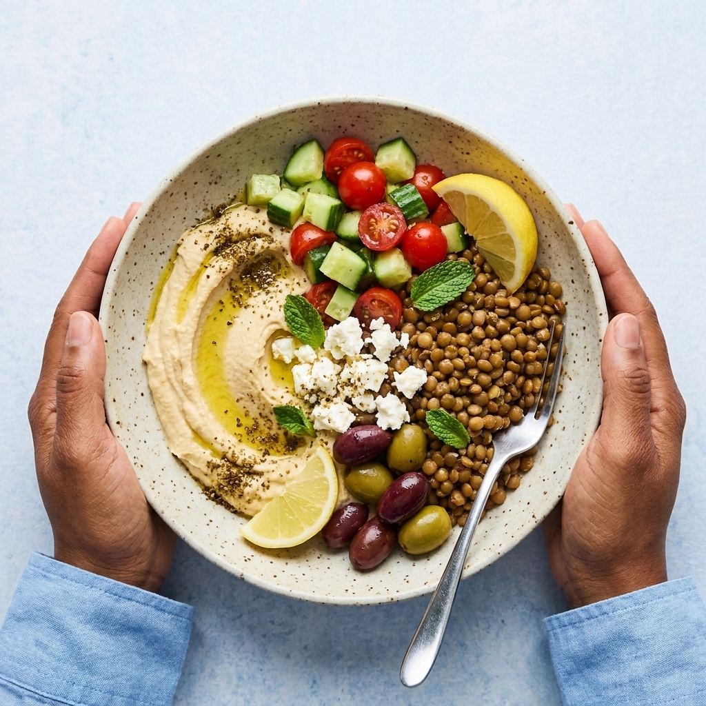 A Mediterranean bowl with hummus, warm lentils, chopped cucumber and tomatoes, olives, and crumbled feta