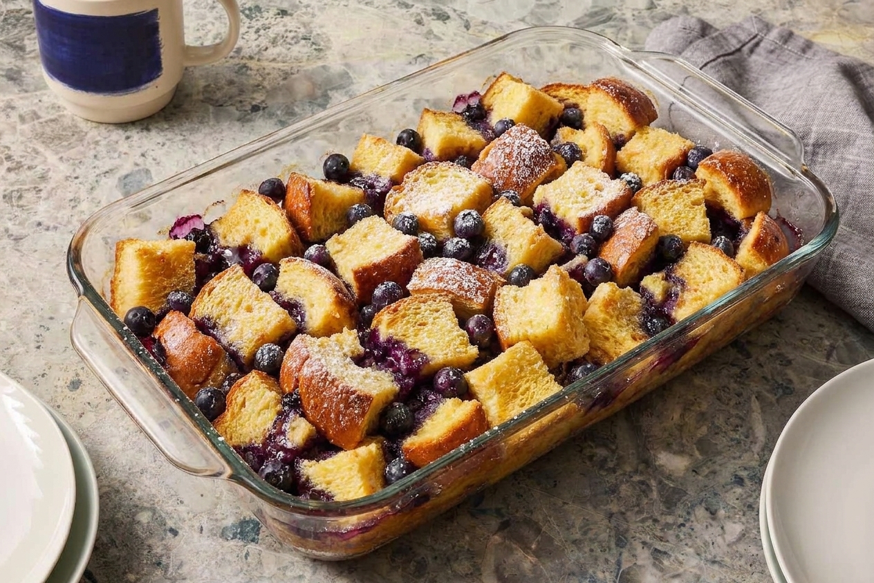 A baked French toast casserole with blueberries baked into the top in a glass baking dish