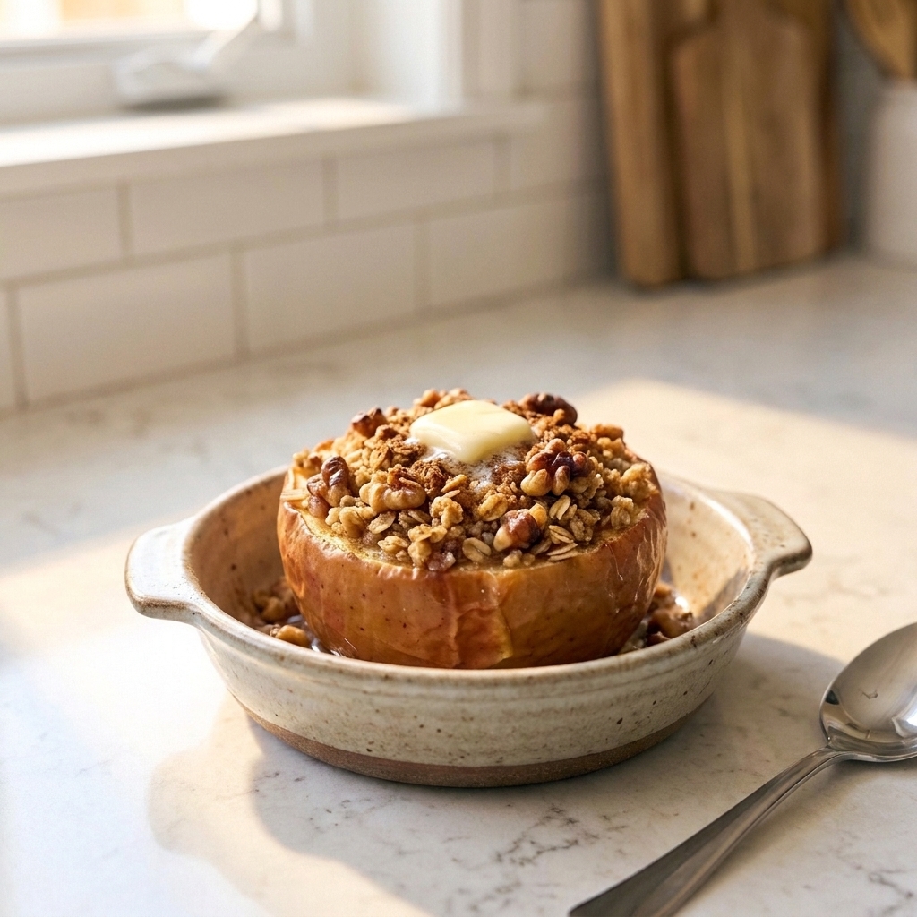 A baked apple half filled with walnut crumble in a small baking dish, warm and golden