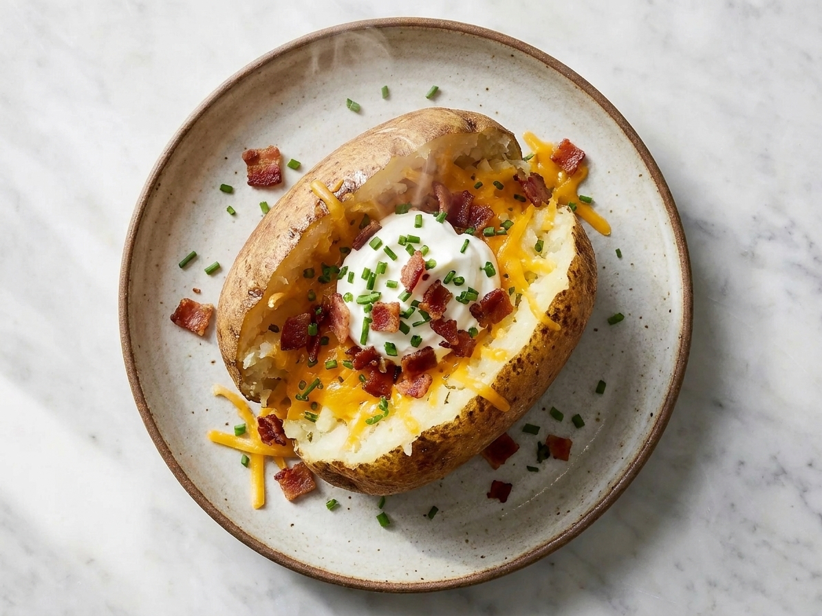 A baked potato split open and piled with shredded cheddar, sour cream, chopped chives, and crisp bacon bits on a dinner plate