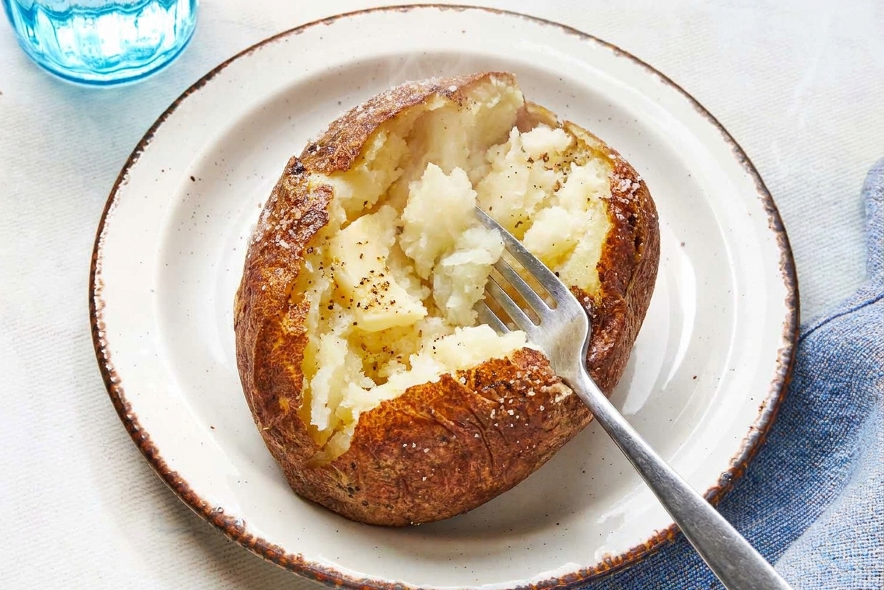 A baked potato split open with a fork gently fluffing the steaming interior on a plate