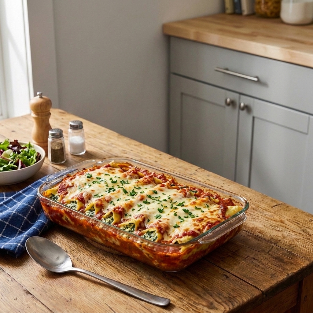 A baked spinach and cheese manicotti casserole in a red sauce with melted mozzarella and chopped parsley