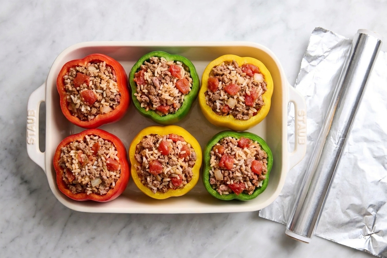 A baking dish of bell peppers filled with beef and rice mixture before baking, with foil nearby ready to cover