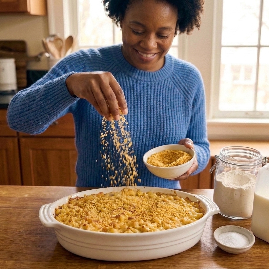 A baking dish of mac and cheese being sprinkled with buttery panko breadcrumbs