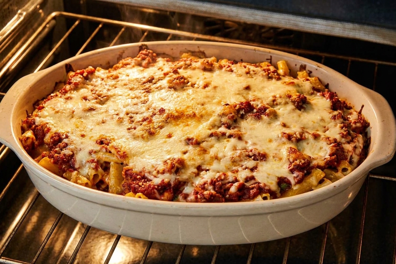 A baking dish of ziti in an oven with melted cheese bubbling and lightly browned on top
