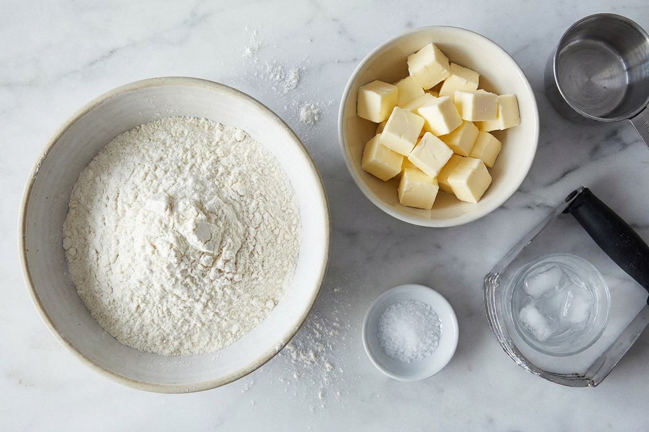 A baking setup with bowls of flour, cubed cold butter, salt, and a small glass of ice water on a kitchen counter