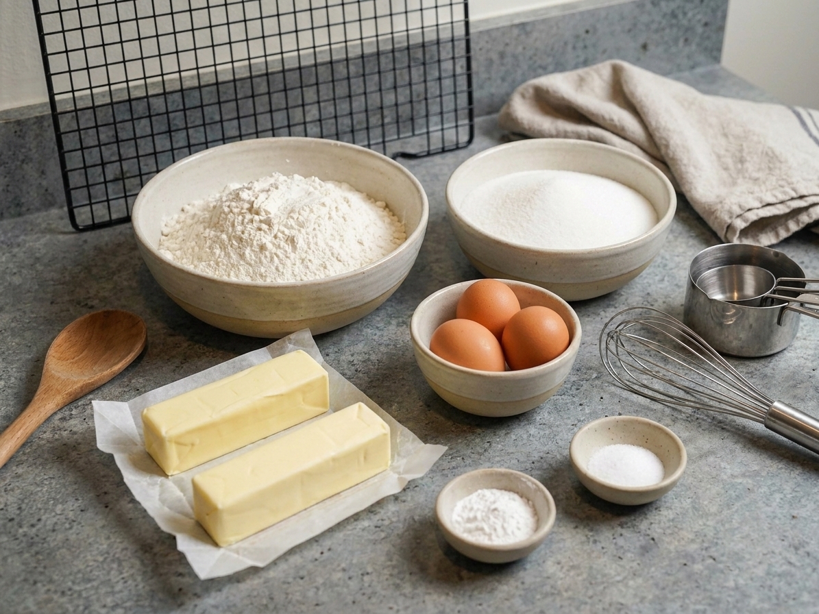 A baking setup with measured flour, sugar, butter, eggs, and small bowls of leavening and salt arranged neatly