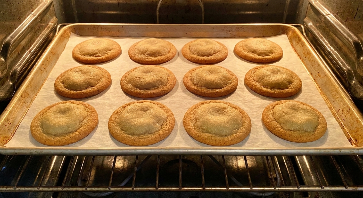 A baking sheet of brown sugar cookies in the oven with edges set and centers still slightly puffy