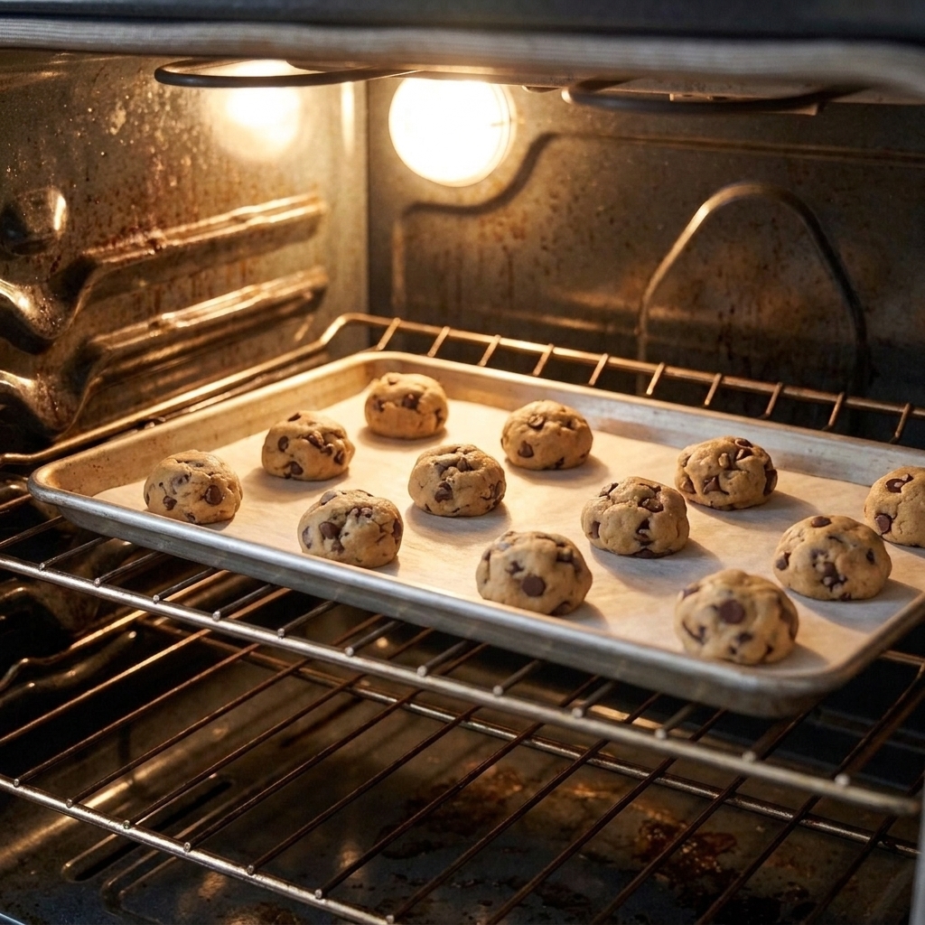 A baking sheet of cookie dough on the middle oven rack with the oven light on