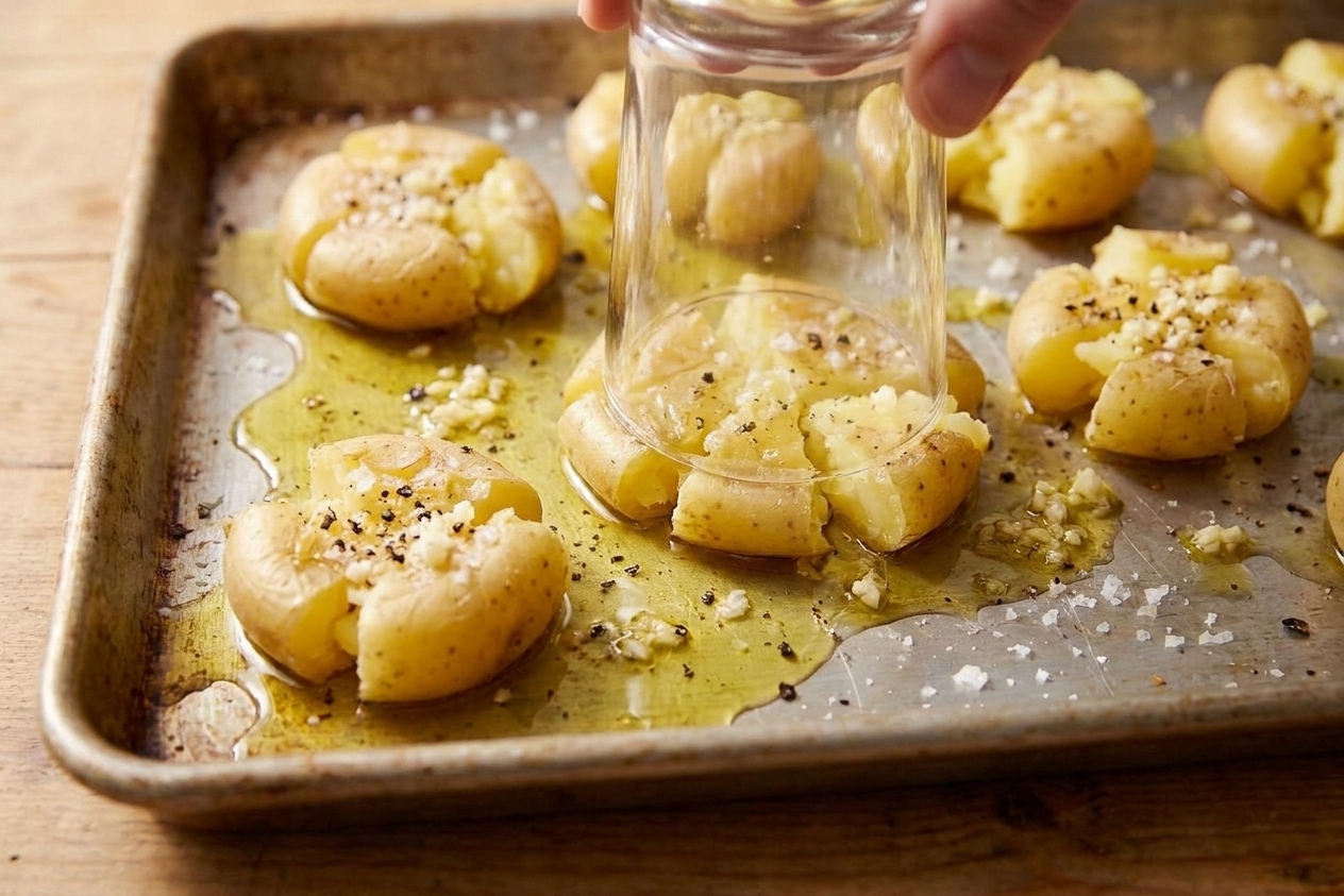 A baking sheet with boiled baby potatoes being pressed flat with the bottom of a glass, oil glistening on the pan