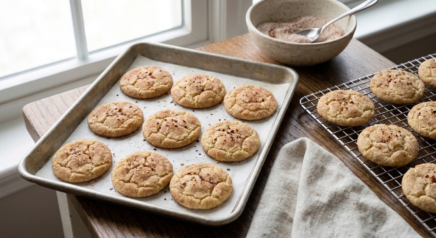 A baking tray of freshly baked sweet and spicy sugar cookies resting on parchment paper next to a cooling rack