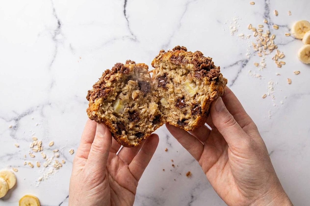 A banana oat muffin broken open to show a moist interior with melted chocolate chips