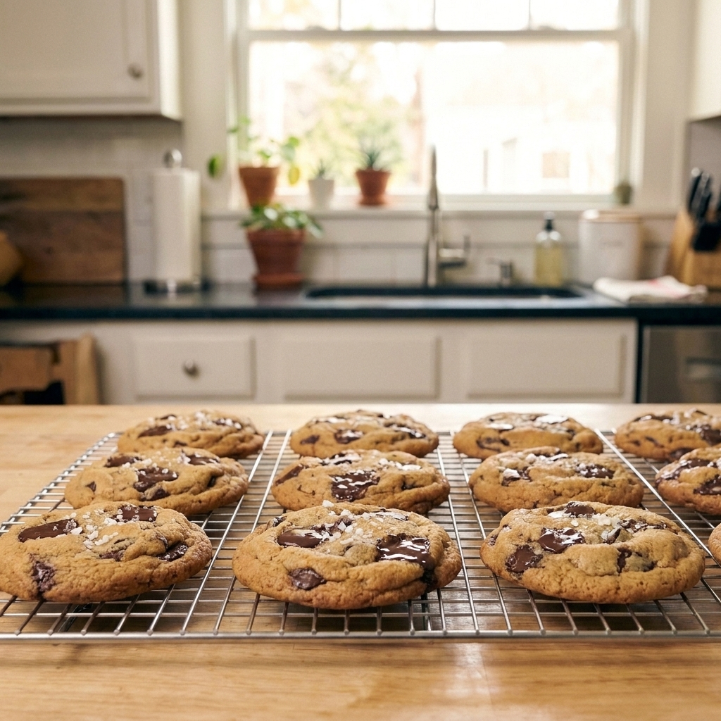 A batch of freshly baked gluten-free chocolate chip cookies cooling on a wire rack in a home kitchen