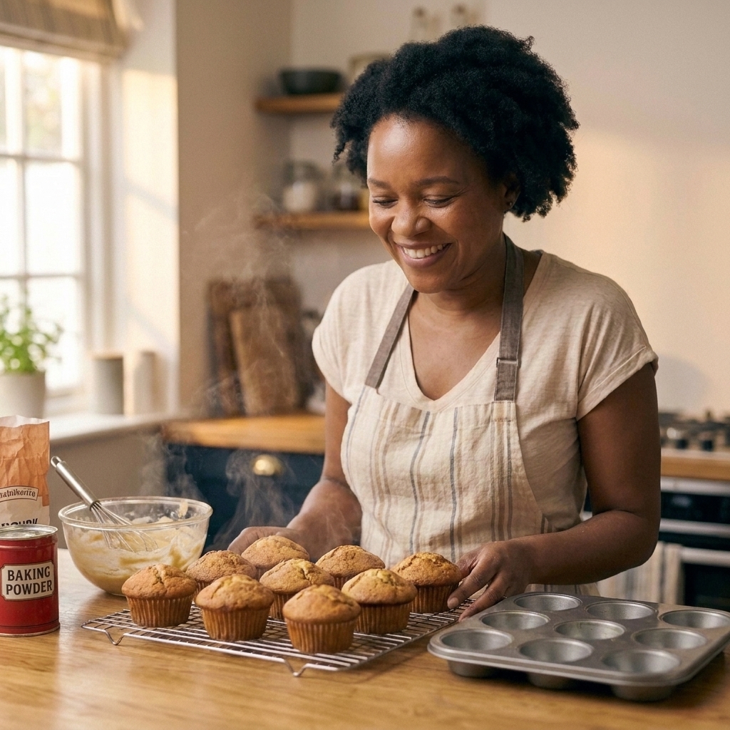 A batch of golden brown muffins cooling on a wire rack on a kitchen counter