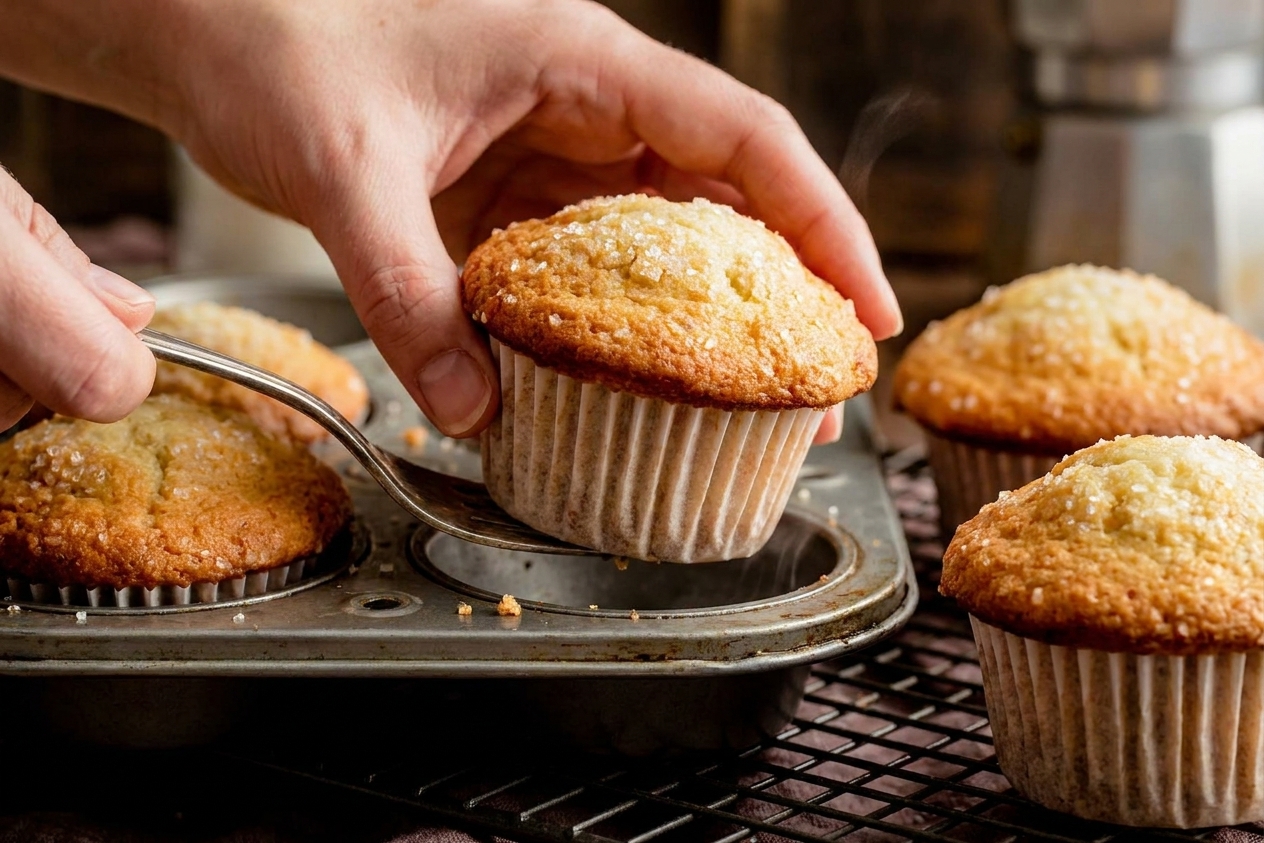 A batch of plain muffins being lifted from a muffin tin and placed onto a wire cooling rack