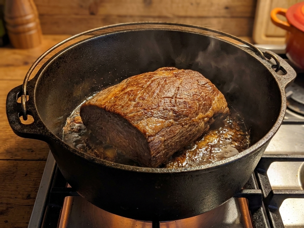 A beef roast browning in a Dutch oven on the stovetop with a golden crust forming