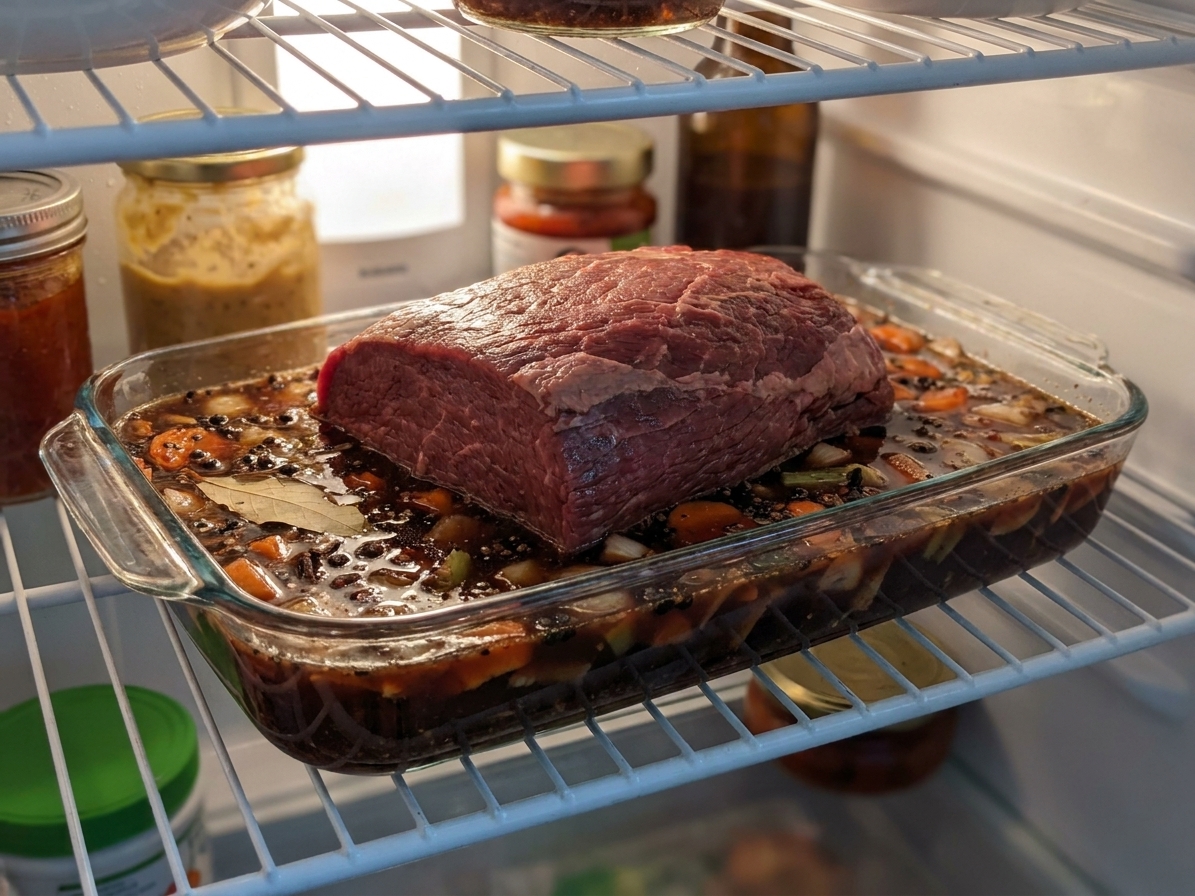 A beef roast submerged in a dark spiced vinegar marinade inside a glass baking dish in the refrigerator
