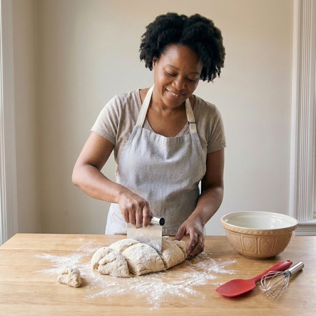 A bench scraper dividing bread dough on a lightly floured surface
