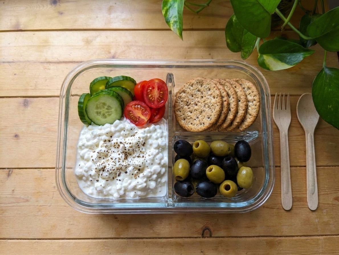 A bento-style lunch box with cottage cheese, sliced cucumbers, cherry tomatoes, olives, and whole grain crackers
