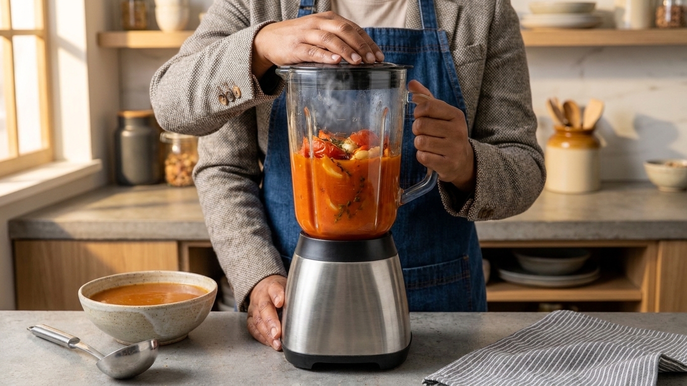 A blender jar filled with roasted tomatoes and broth being blended into smooth tomato soup on a kitchen counter