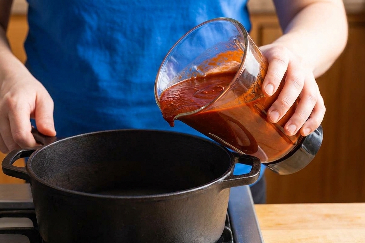A blender jar filled with smooth red chile sauce ready to be poured into a pot