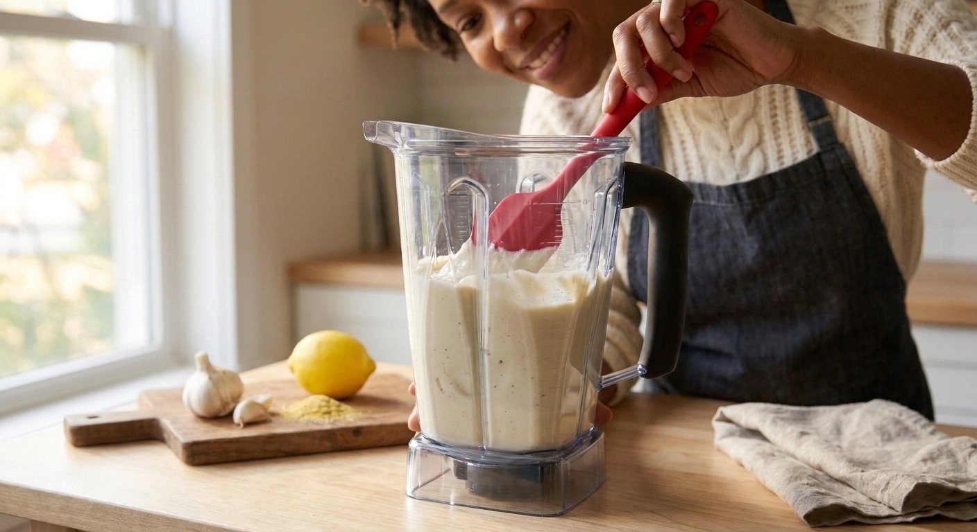 A blender pitcher filled with smooth cauliflower cream sauce with a silicone spatula scraping down the sides