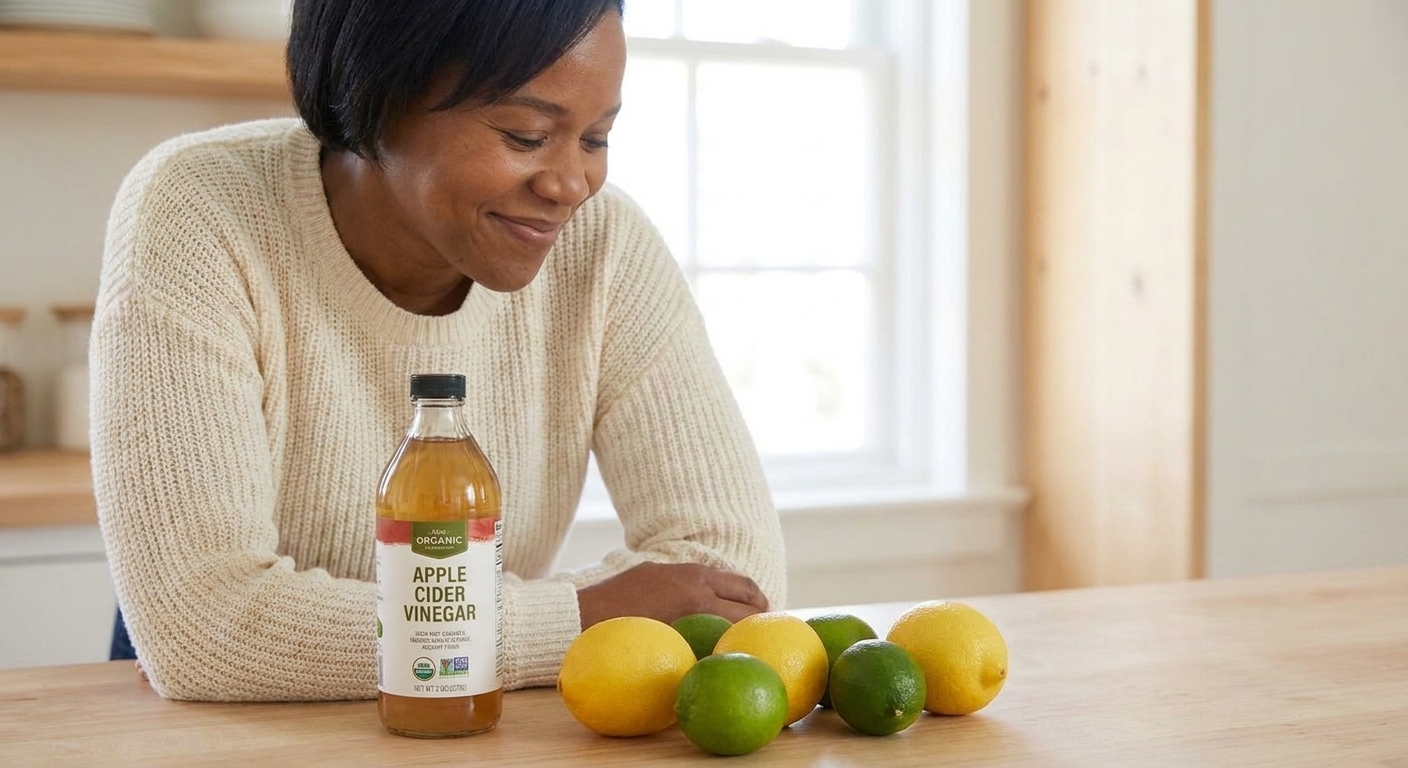 A bottle of apple cider vinegar next to whole lemons and limes on a clean counter