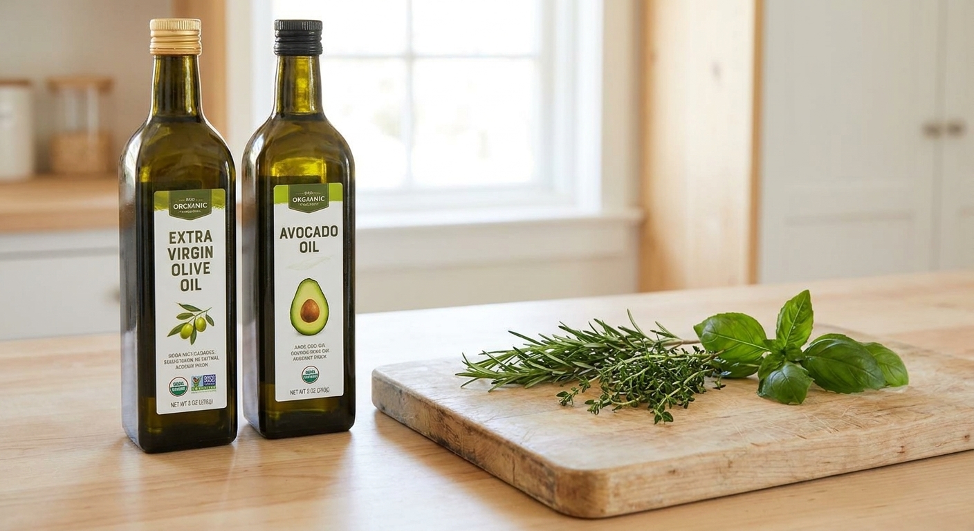 A bottle of avocado oil and a bottle of extra virgin olive oil sitting beside a cutting board and fresh herbs