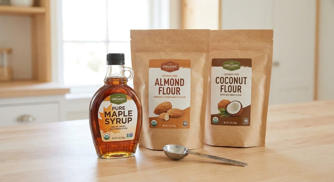 A bottle of pure maple syrup beside almond flour, coconut flour, and a measuring spoon