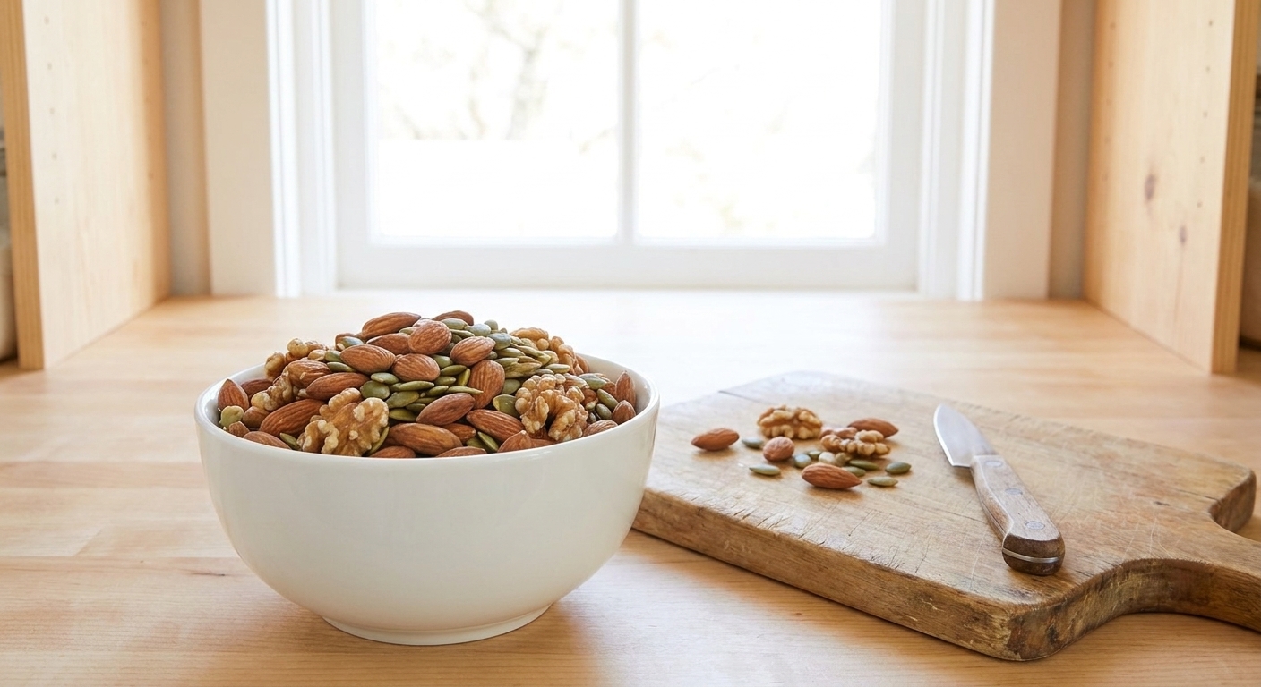 A bowl filled with almonds, walnuts, and pumpkin seeds on a counter near a cutting board