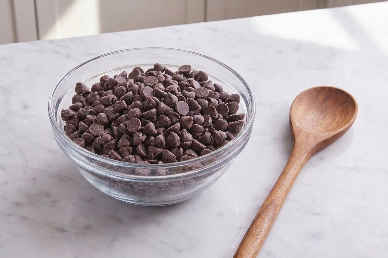 A bowl filled with semi-sweet chocolate chips on a baking counter next to a wooden spoon