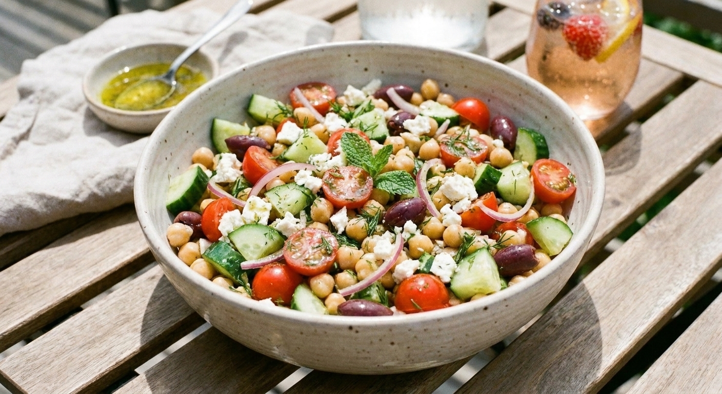 A bowl of Mediterranean chickpea salad with cucumbers, tomatoes, feta, and herbs glistening with vinaigrette