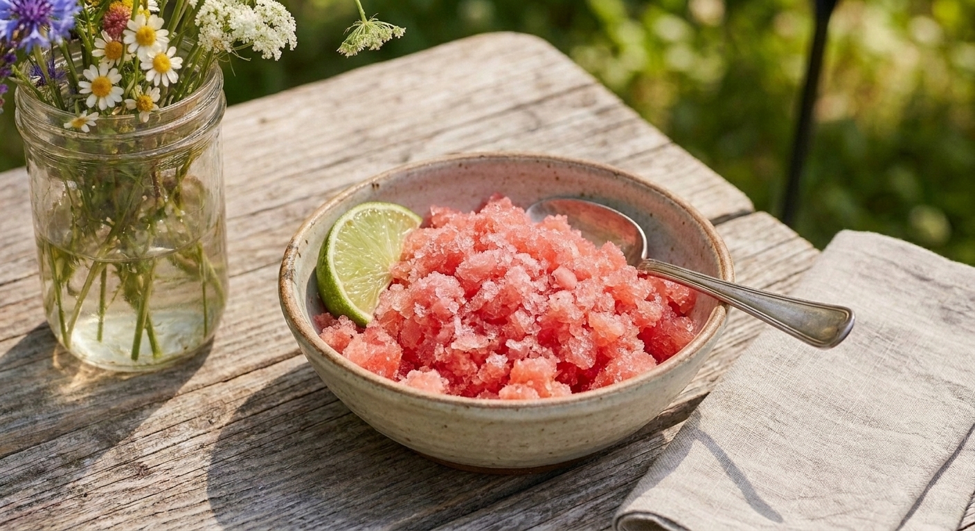 A bowl of bright pink watermelon granita with a lime wedge on the side, served with a spoon