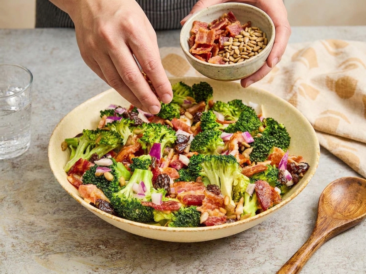 A bowl of broccoli salad being finished with a sprinkle of crumbled bacon and sunflower seeds right before serving