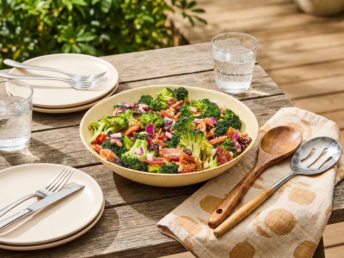 A bowl of broccoli salad with bacon on an outdoor table with plates and serving utensils set out for a casual meal