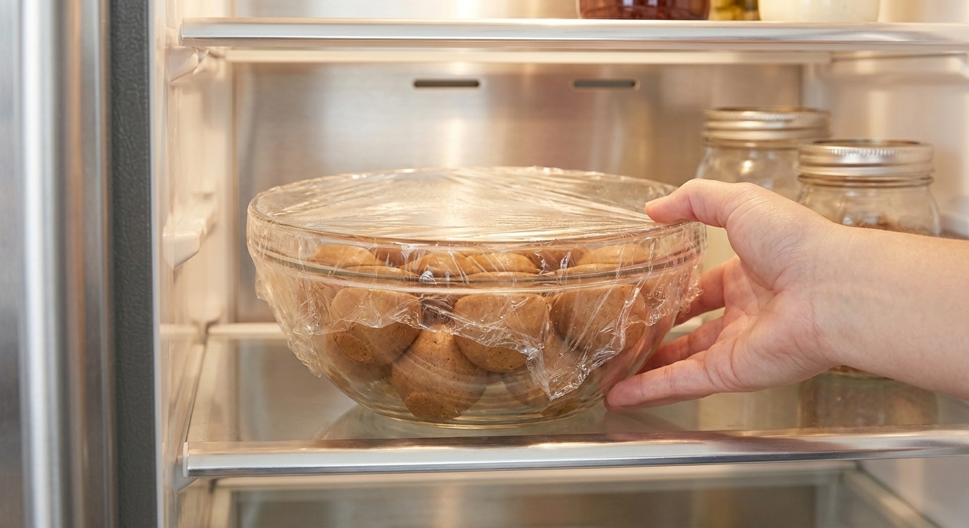 A bowl of brown sugar cookie dough covered with plastic wrap being placed into a refrigerator