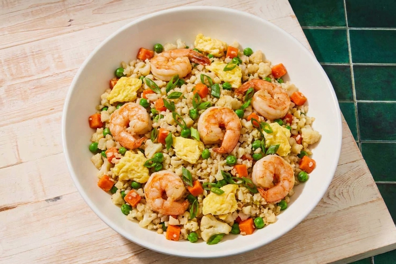 A bowl of cauliflower fried rice with shrimp and scrambled egg pieces, garnished with green onion