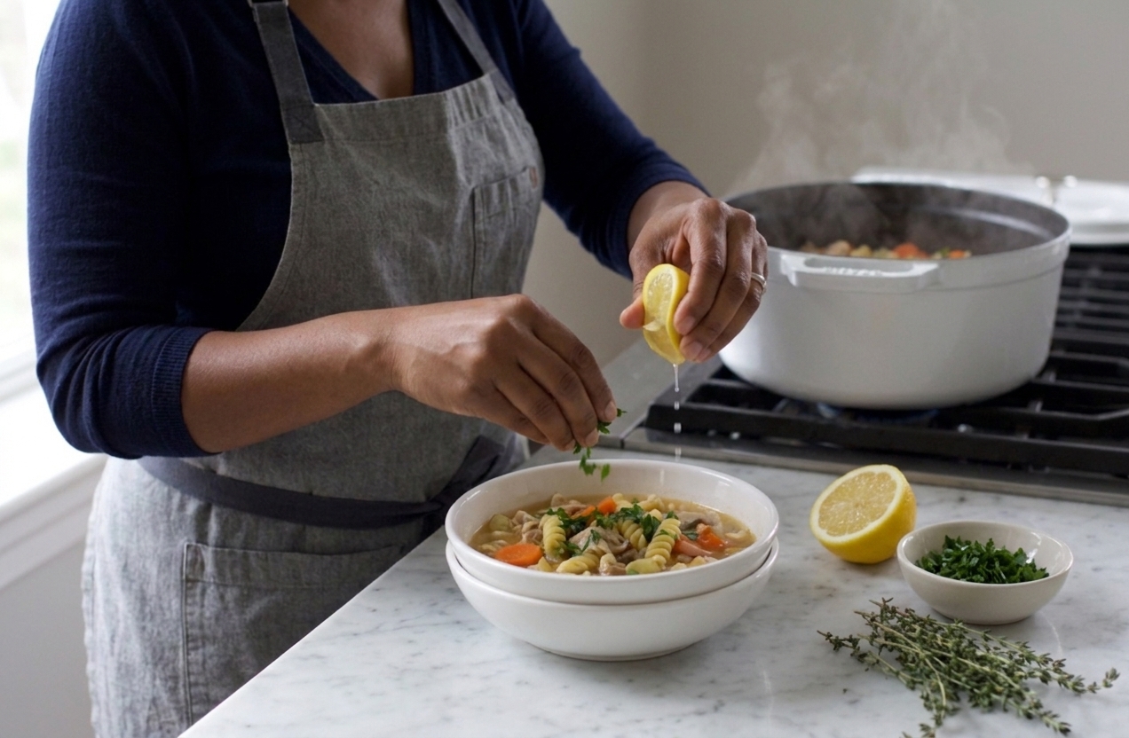A bowl of chicken noodle soup being topped with fresh chopped parsley and a squeeze of lemon