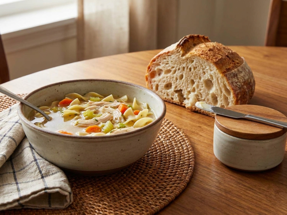 A bowl of chicken noodle soup next to a torn piece of crusty bread and a small butter dish on a cozy dinner table