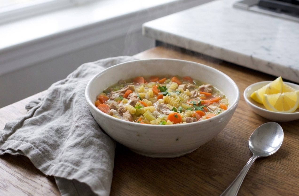 A bowl of chicken noodle soup on a rustic table with a spoon, a linen napkin, and a small dish of lemon wedges