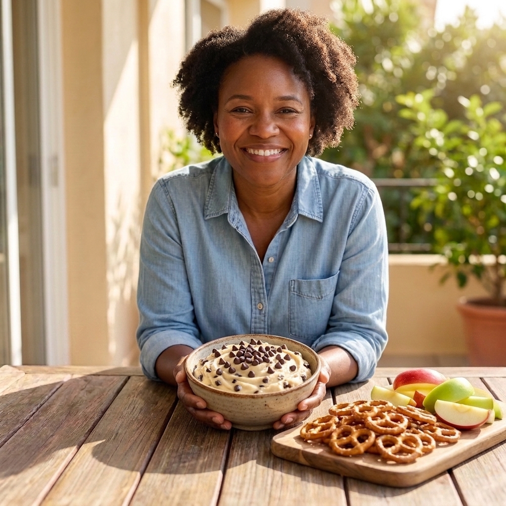 A bowl of chocolate chip cookie dough dip with pretzels and apple slices