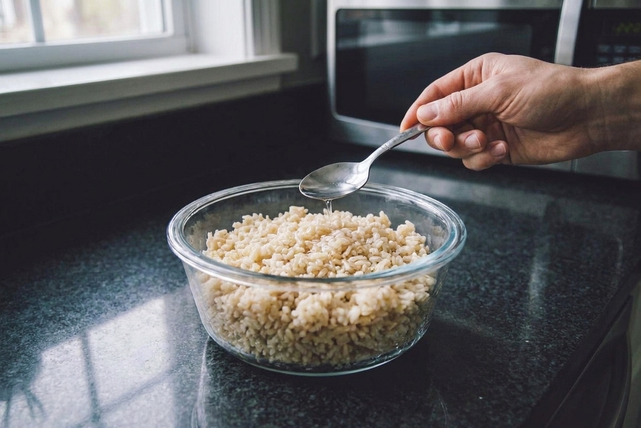 A bowl of cooked brown rice in a microwave-safe dish with a small spoonful of water added before reheating