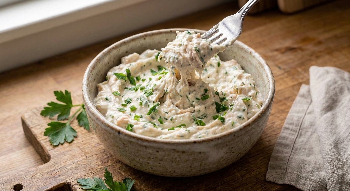 A bowl of creamy chicken herb spread being mixed with a fork until thick and spreadable